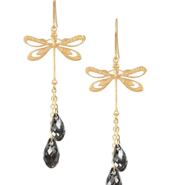 18K gold plated dragonfly earrings with Black Diamond drops