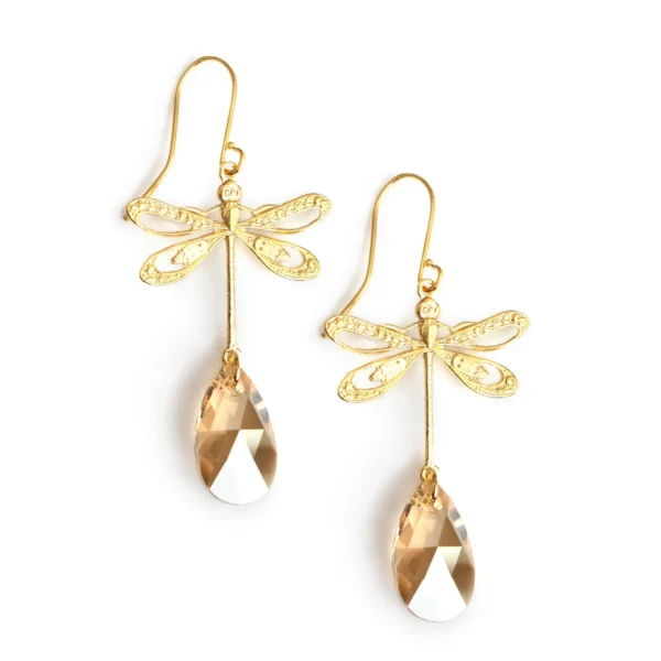 Dragonfly earrings with golden crystals