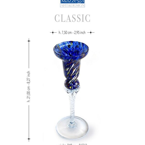 Mazzega Murano klaasist küünlahoidja mõõdud: kõrgus 21 cm, ülaosa laius 7,5 cm, kaal 240 g